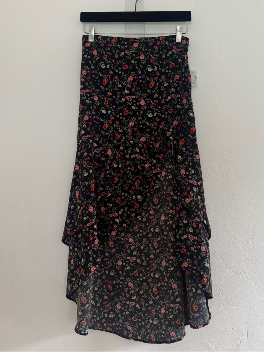 NWT Free People Flynn Skye Nadia Asymmetrical Skirt Midi High Slit Black Floral - Picture 2 of 13